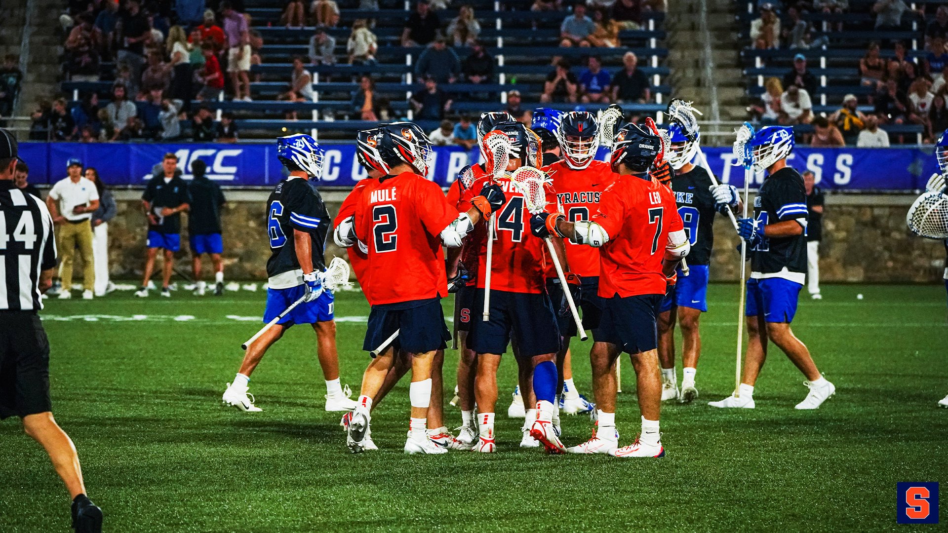 Syracuse Lacrosse celebrating after a goal vs Duke